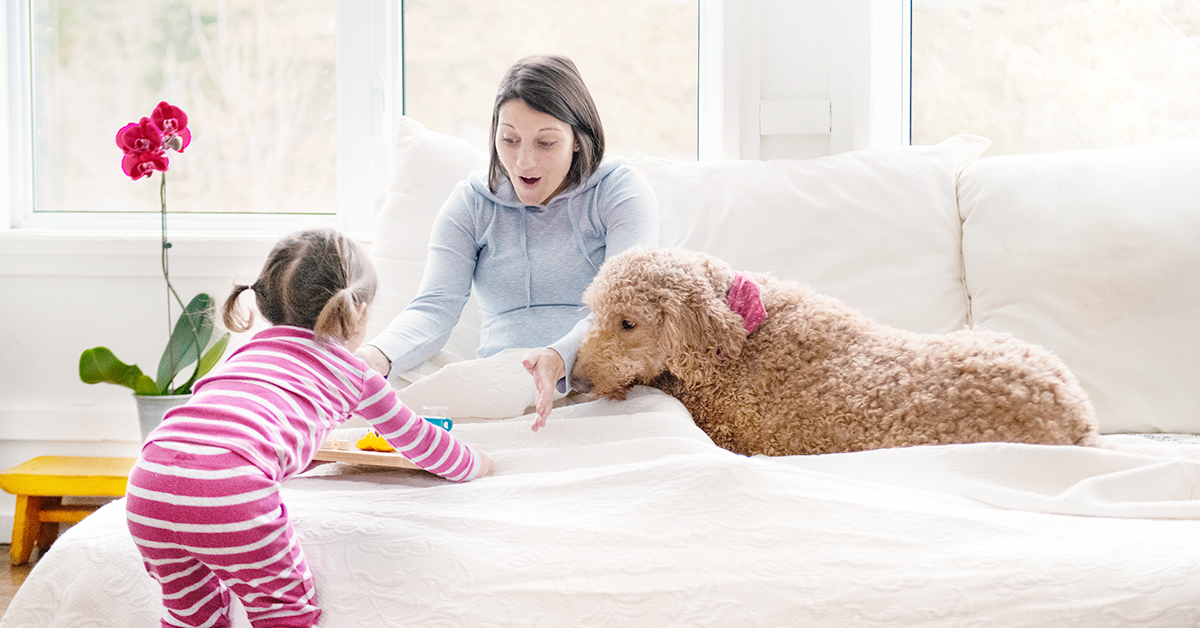 Woman sitting on couch insider her home with her family breathing clean air.