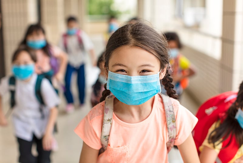 Girl wearing a mask going back to school